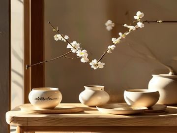 日韩精品生活家居品类——日本职人手作陶瓷与韩国简约家居摆件在温暖光线下呈现生活美学